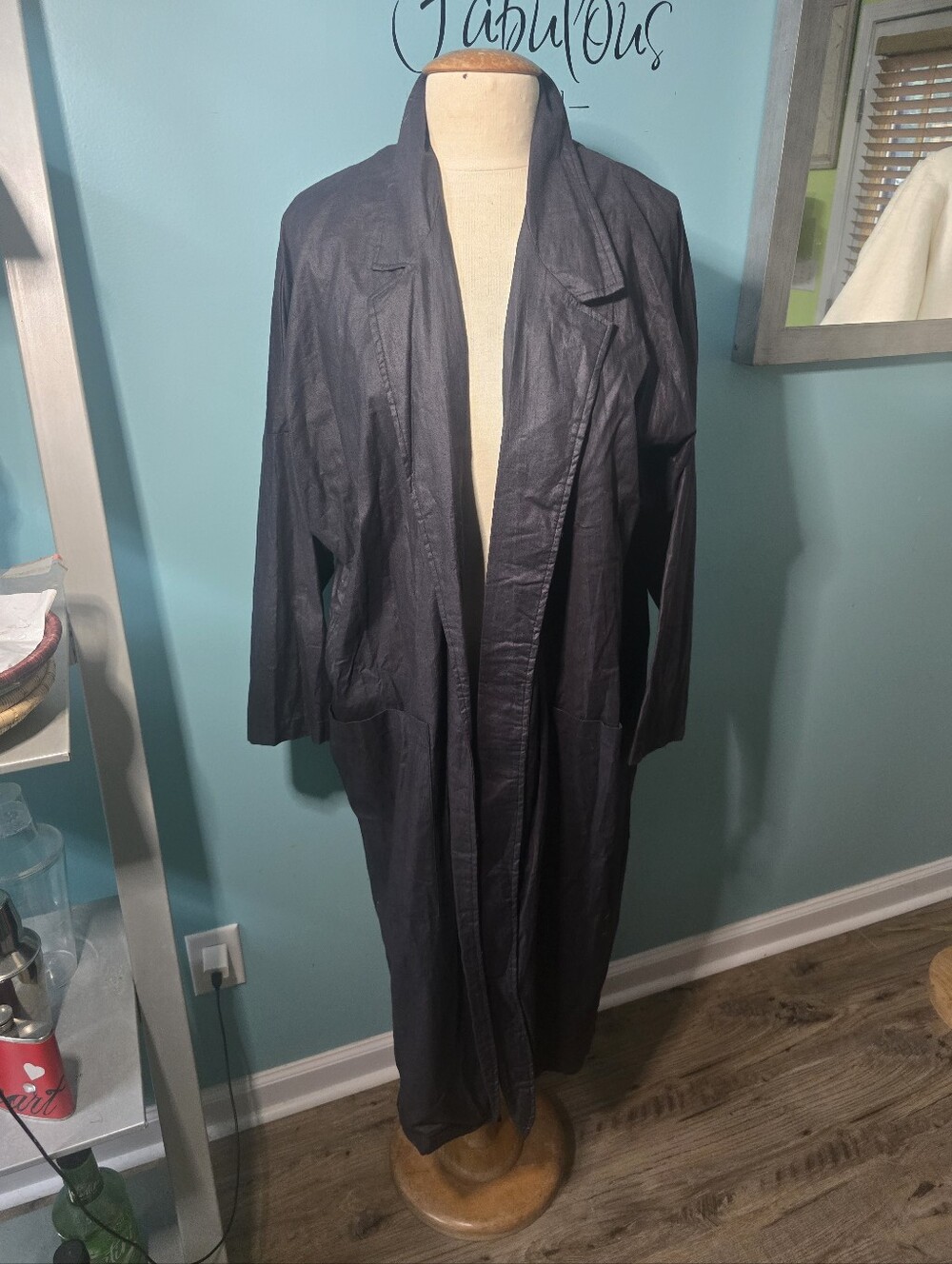 Timeless and Chic Long Open Front Black Vintage Duster Coat